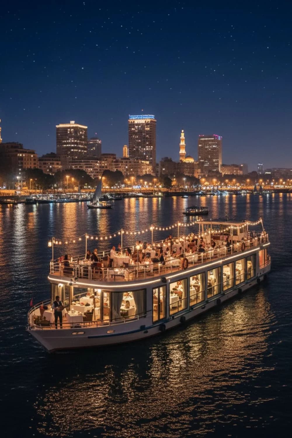 Evening Nile cruise in Cairo with city lights