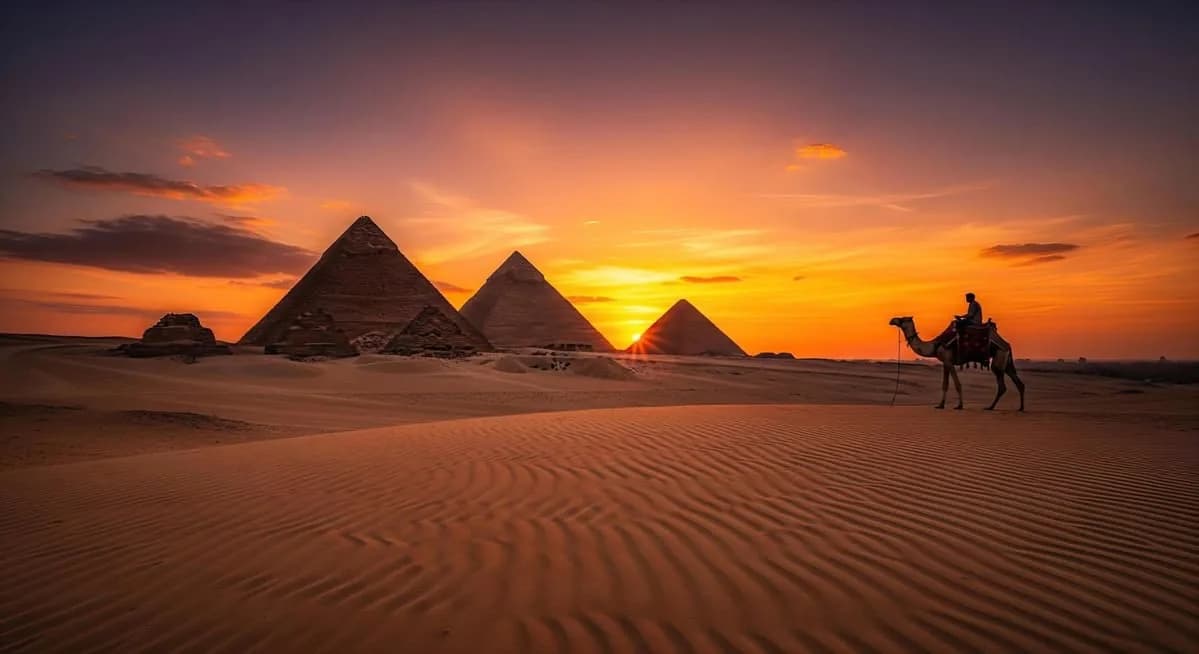 Camel rider near the Giza pyramids at sunset