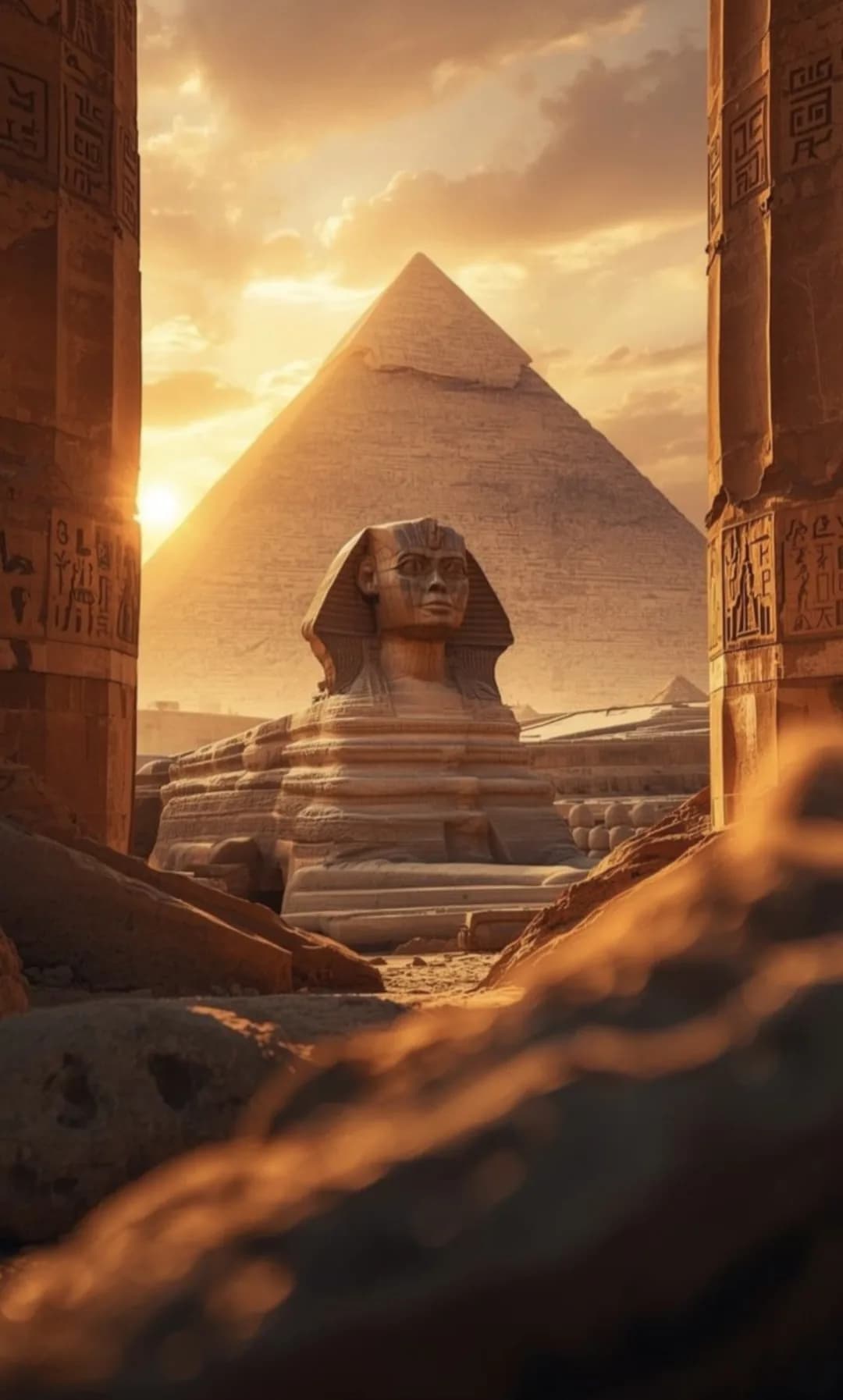 Sphinx and pyramid framed in warm sunset light